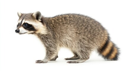 Young raccoon profile studio shot on white background