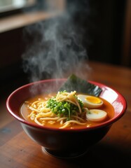 Japanese ramen dish with noodles and fresh vegetables.