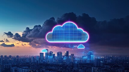 A futuristic city skyline with digital cloud graphics, showcasing a blend of technology and urban architecture.