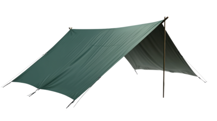 Shelter from the Elements: A durable green tarp stretched taught, providing a basic shelter against the weather. Perfect for camping, hiking, or any outdoor activity.