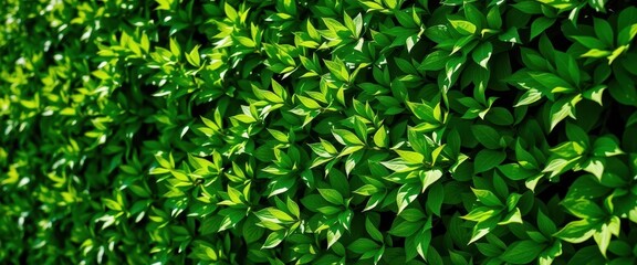 Fototapeta premium Dense green hedge leaves, sunlight dappled texture, green, organic, texture
