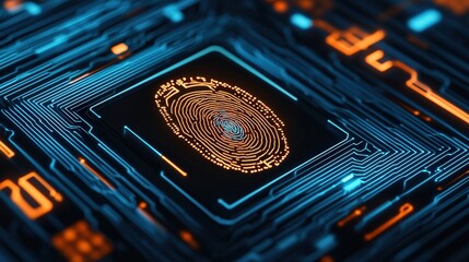 A digital fingerprint overlaying a circuit board design, showcasing the intersection of biometrics and technology.