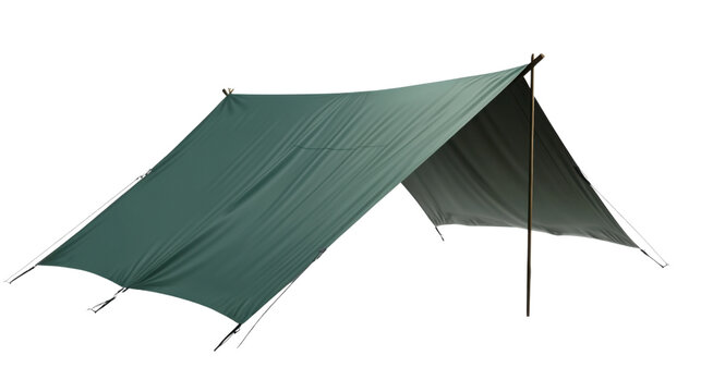 Shelter from the Elements: A durable green tarp stretched taught, providing a basic shelter against the weather. Perfect for camping, hiking, or any outdoor activity.