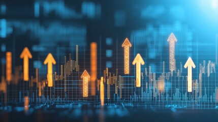 Abstract representation of financial growth, featuring upward arrow graphics against a digital background, symbolizing market trends and data analysis.