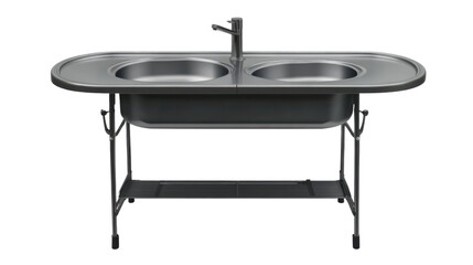 Elegant Double Basin Sink: A sleek, modern double basin sink with a minimalist design, showcased in a studio environment, emphasizing functionality and contemporary style. 