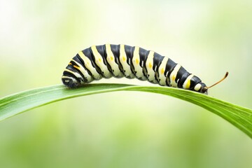Naklejka premium Insects as a part of animals diet. Caterpillar resting on a green leaf with a soft background.