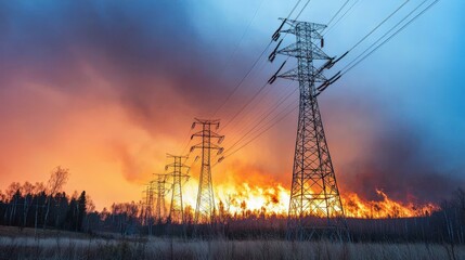 A dramatic scene of power lines against a backdrop of flames and smoke, highlighting the impact of fire on the landscape.