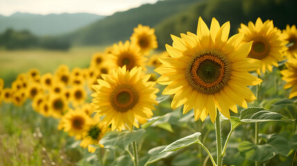 Bright Yellow Sunflowers In A Field