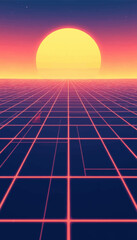 Retro Gridscape with Yellow Sun and Horizon Glow