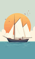 Naklejka premium Sailboat on the ocean with an orange sun backdrop