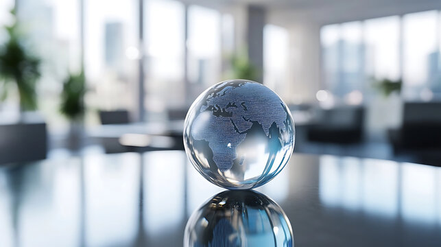 Rotating transparent globe, modern mood, on reflective surface, interior background