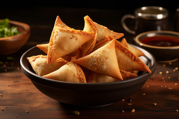A bowl of crispy samosas on wooden background