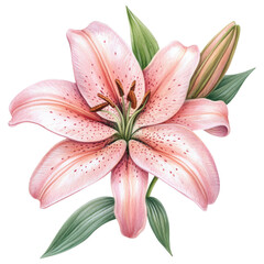beautiful pink lily flower with delicate petals and green leaves, showcasing its natural isolated on transparency background