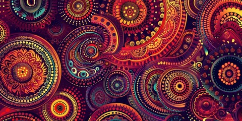 Intricate Pattern Display Ornamental Circles and Paisley Designs on Dark Backdrop