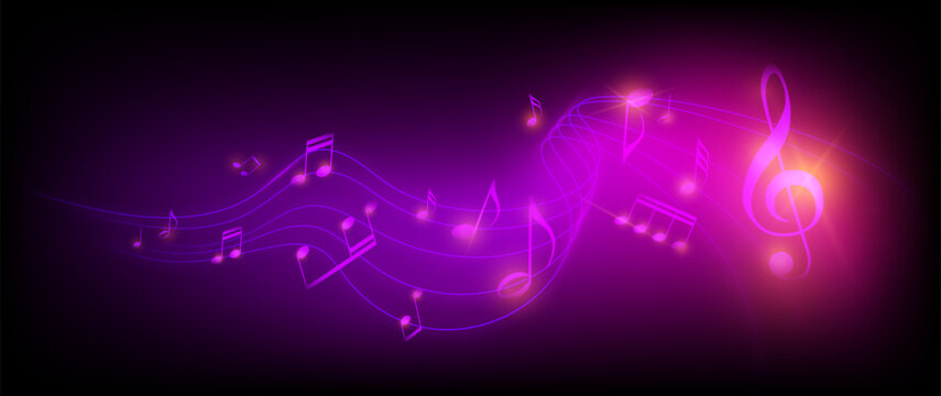 Music notes, clef musical with sheet waves vector illustration. Melody neon design background. Motion audio concept in black and light glow purple, pink color sound symbols