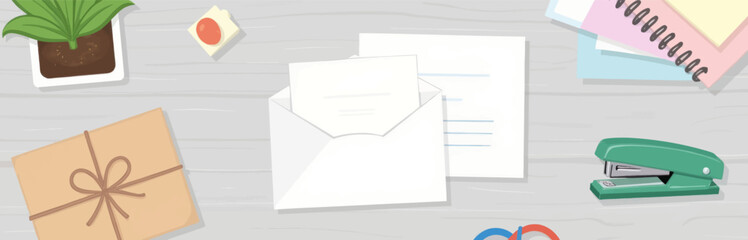 Vector office desk with plant, envelope and stapler