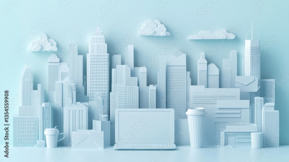 Aufkleber Creative paper art background showcasing office essentials with a 3D layered design in a modern workspace setting