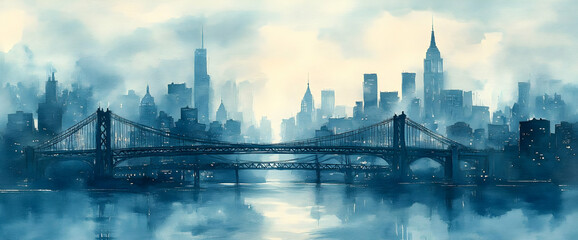 Fototapeta premium Misty Cityscape With Bridge Watercolor Painting