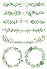 Fototapeta premium Watercolor Greenery Dividers and Clover Wreaths