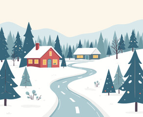 Fototapeta premium Winter scene with snowy road, homes, and decorated trees