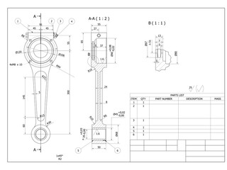 connecting rod technical drawing , structural design strategies, engine parts, model exercises,