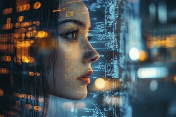 Asian Woman Reflecting Digital Data, Modern Technology, Futuristic Display