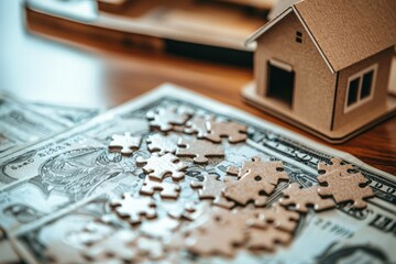 Naklejka premium Puzzle pieces and a house model on dollar bills symbolize the concept of real estate investment and financial planning in a creative way