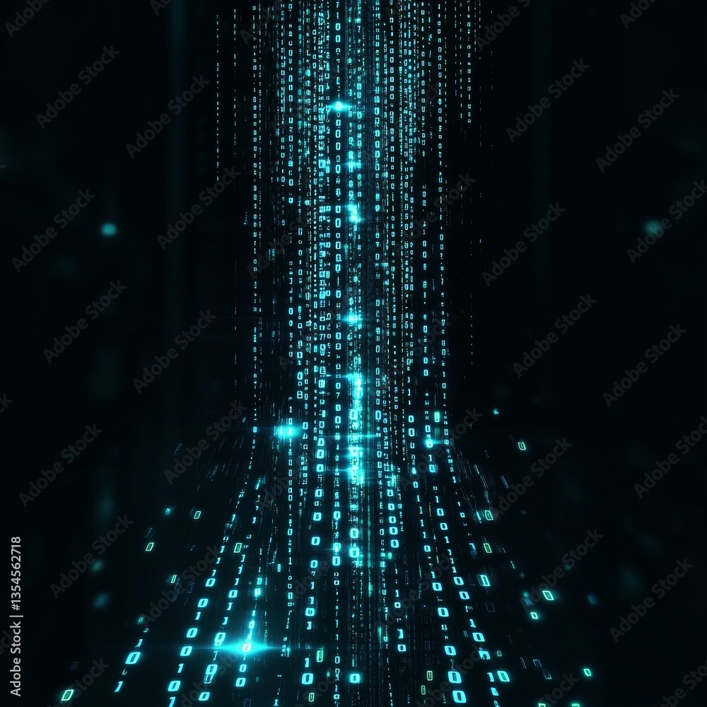 Poster Binary Stream: A Cascade of Glowing Digits Represents Data Flow in a Digital World
