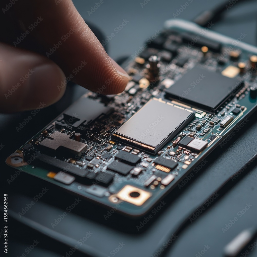 Aufkleber close-up of a finger touching a circuit board: investigating electronic components and precise engin