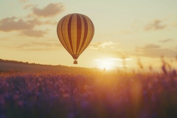 Fototapeta premium Hot Air Balloon Flying Over Lavender Field at Sunset