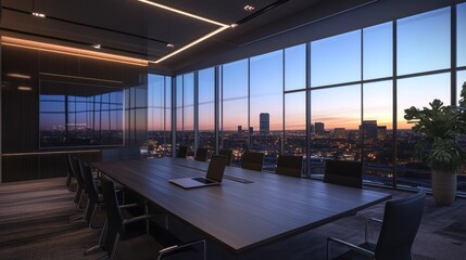 Modern conference room with city skyline view at sunset. Stock photo for business, design, or architecture use