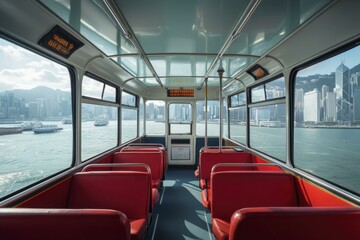 Fototapeta premium Ferry Interior with Red Seats Offering Skyline Views in Asia