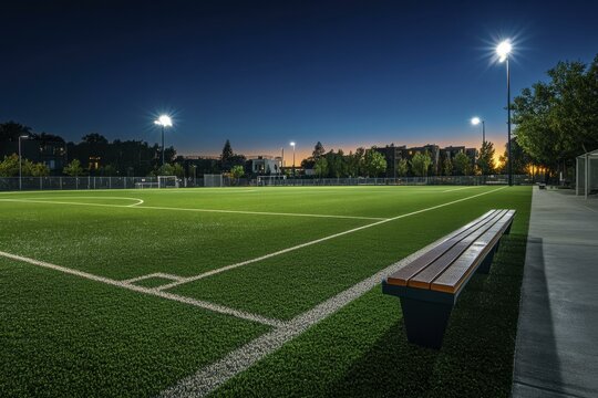 Soccer Field at Twilight with Stadium Lights and Empty Bench Seat at Sports Park