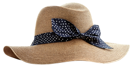 Womens straw hat with a wide brim, adorned with a blue and white polka dot ribbon tied in a bow.