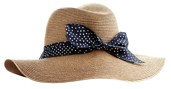 Womens straw hat with a wide brim, adorned with a blue and white polka dot ribbon tied in a bow.