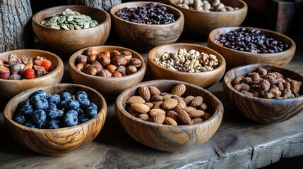 Fototapeta premium Variety of nuts and berries in wooden bowls on a rustic wooden surface