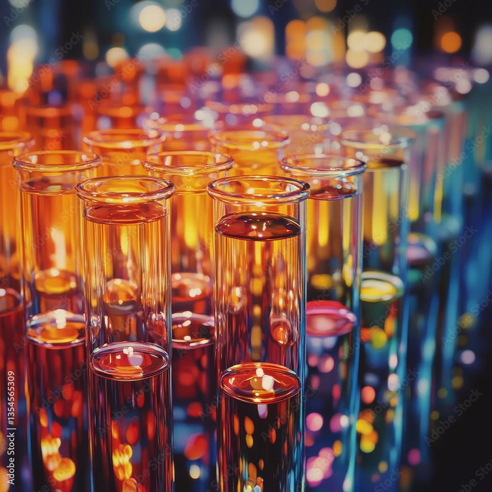 Aufkleber laboratory liquid science: a vibrant array of test tubes illuminated in golden hues, revealing the b