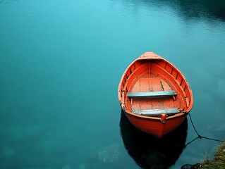 Obraz premium Serene Wooden Boat Floating on Calm Blue Ocean Water