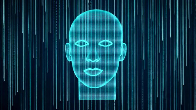 Digital human face outline with binary code rain, abstract technology concept, blue color