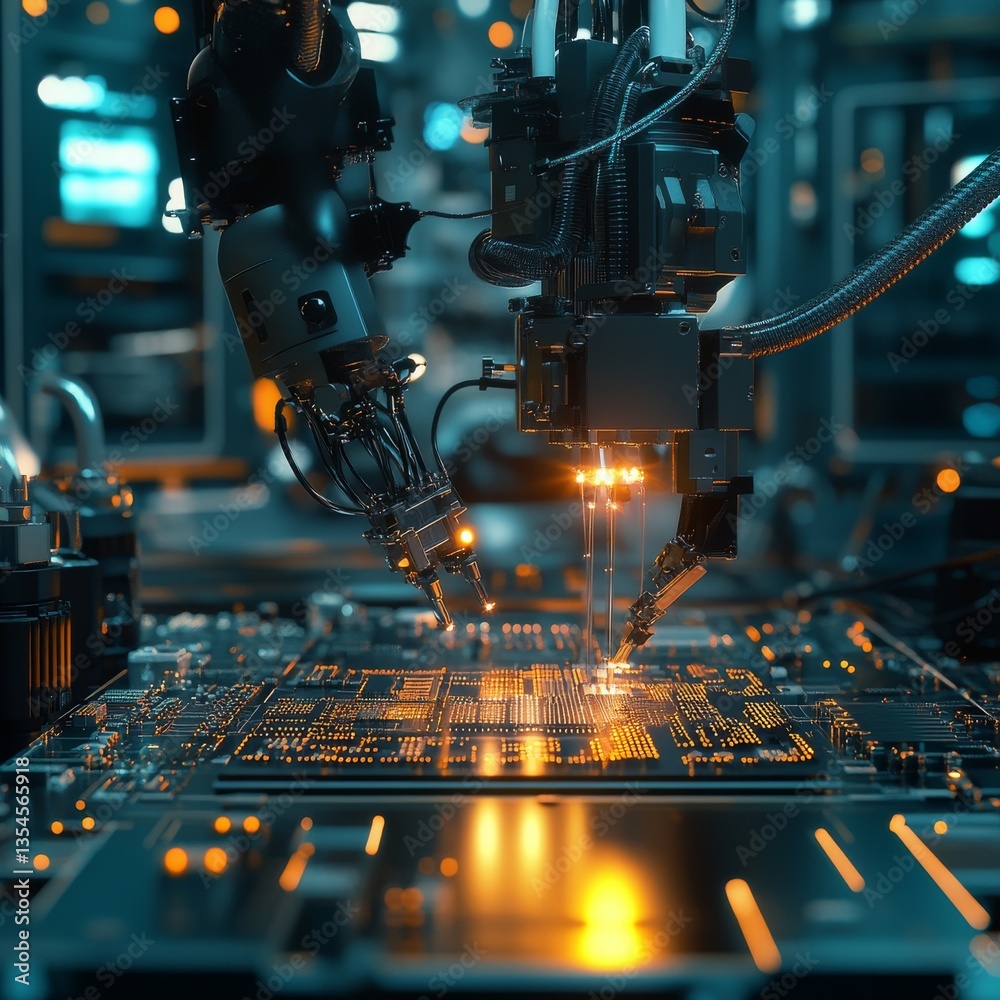 Aufkleber robotic precision: high-tech assembly line constructing a complex circuit board with advanced automa
