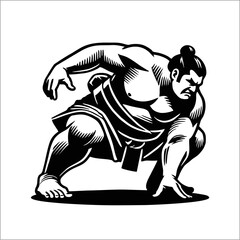 Dynamic Sumo Wrestler in Traditional Stance – Black and White Woodcut Style Vector Illustration