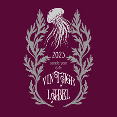 vector vintage items: label art nouveau, seaweed frame, wedding invitation, jellysfish
