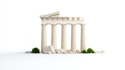 Fototapeta premium Ancient Greek Temple Ruins with Pillars and Stones on White Background