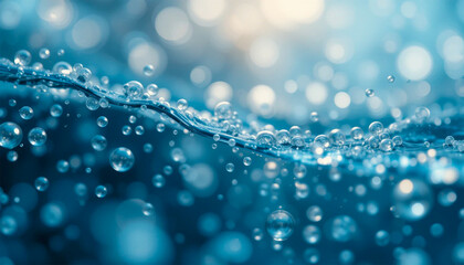 Sparkling blue water droplets with a bokeh effect