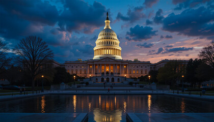 U.S. Capitol building at dusk with dramatic sky