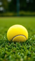 Naklejka premium Blurred yellow tennis ball resting on green grass court, background, game play, summer