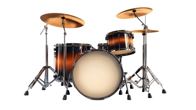 Modern drum set with sleek shiny drums and cymbals isolated on a transparent background
