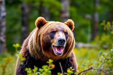 Grizzly Bear with Vibrant, Rich Fur Colors Gracefully Moving Through a Blurred Forest, Capturing Its Majestic Presence, Vibrant Wallpaper