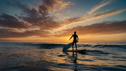 Surfer enjoying sunset waves at the beach  