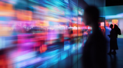 An interactive exhibit of blurred holographic data streams, visually representing internet traffic flowing around the globe.